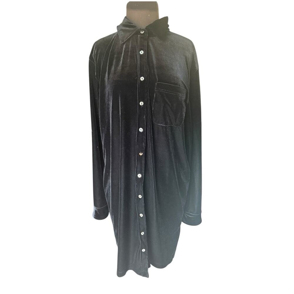 Y2K 90s Black Stretch Velvet Ribbed Button Front Dress Womens Sz L Goth Minimal